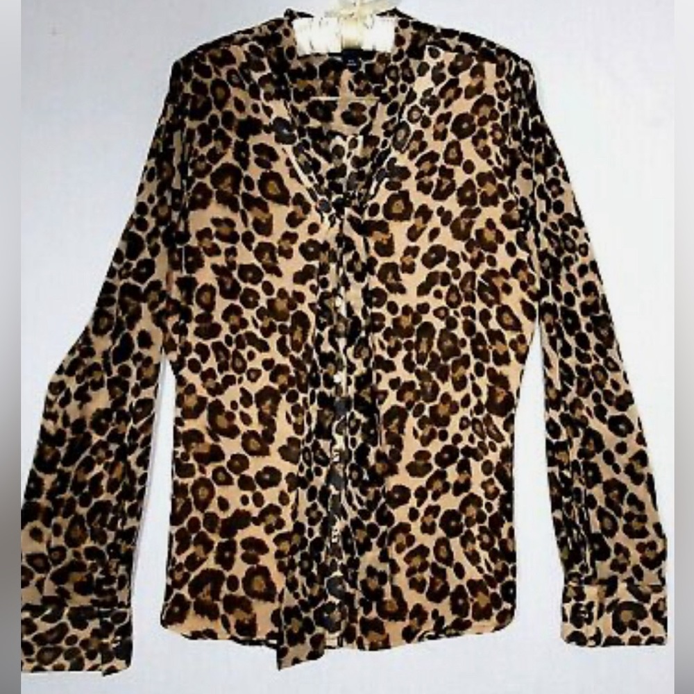 Tommy hilfiger Blouse L Long Sleeves See Through Button Brown Animal Print Tops